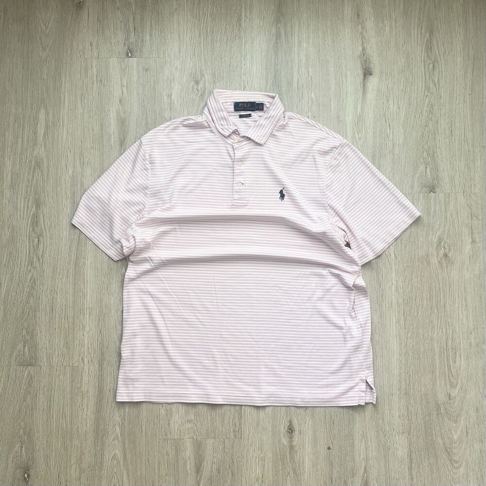 Vintage Polo Ralph Lauren Polo Shirt Mens L Pink White Striped Short Sleeve